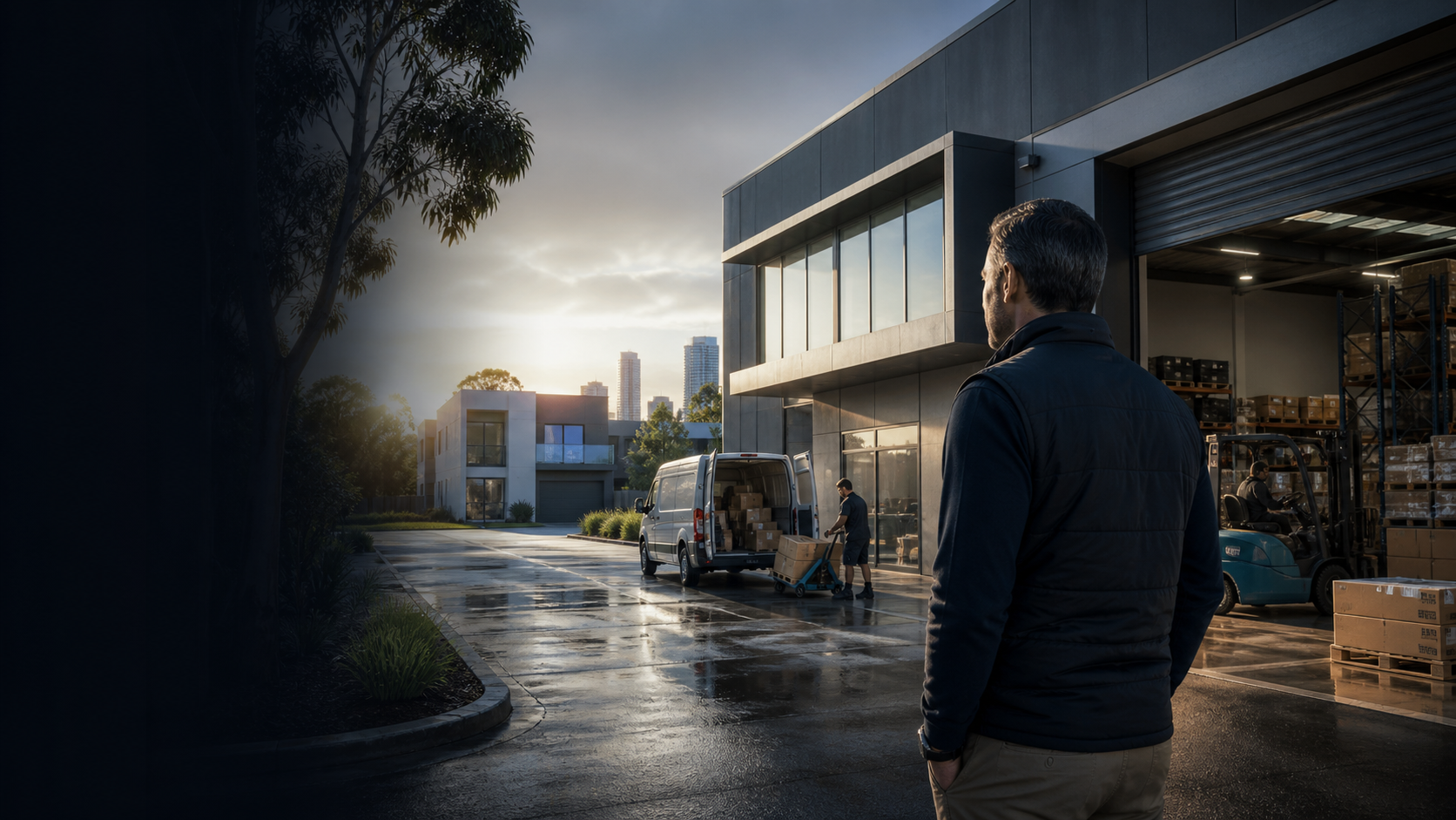 Australian business owner outside an operating warehouse, representing property-backed finance for business cash flow.